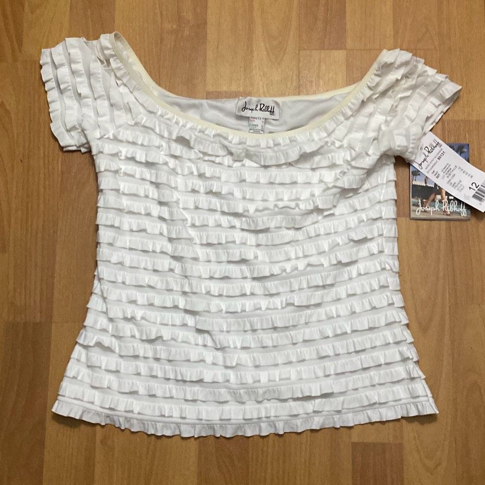 Joseph Ribkoff White Ruffles Blouse Top Shirt Women US 12 New with Tags